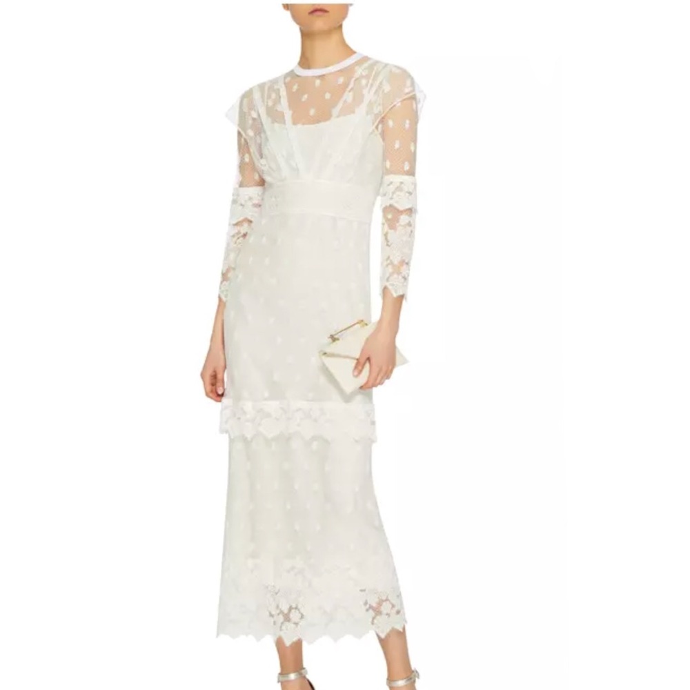 Burberry Paneled Lace Long-Sleeve Dress, Off White